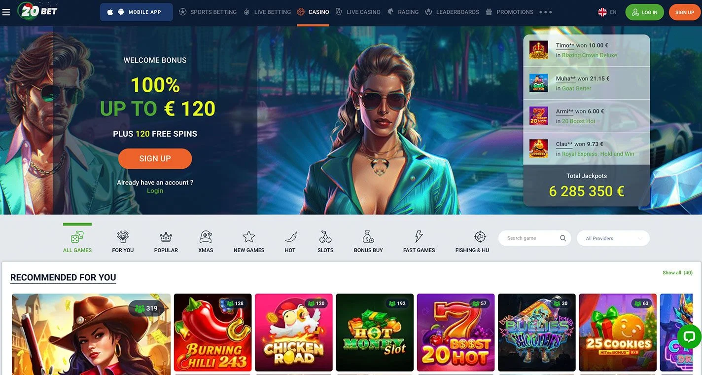 20bet, casino online que paga dinero real con bono de bienvenida del 100% y 120 giros gratis