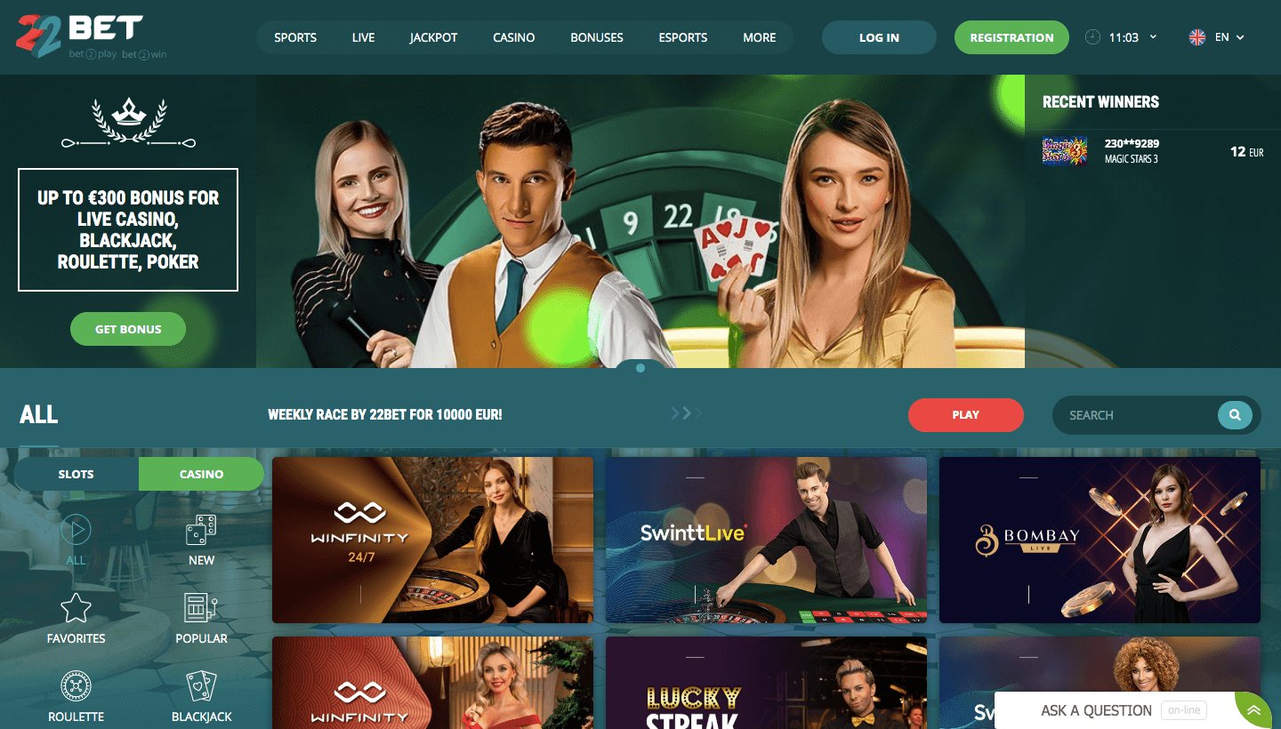 22bet, casino online que paga con bono de 300 euros para live casino, blackjack, ruleta y poker